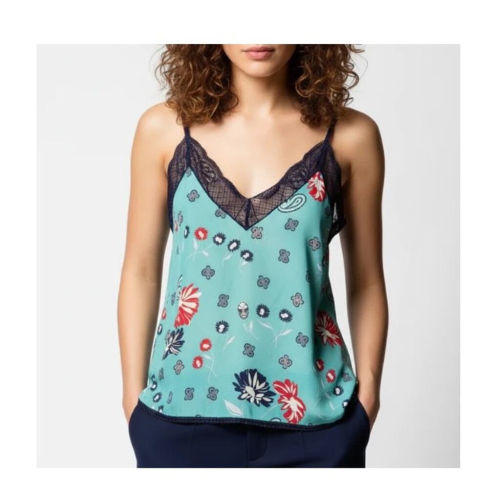 Zadig & Voltaire Christy Blue Silk Camisole Daisy Lace Trim Womens XS